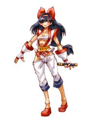 Rule 34 | 1girl, absurdres, ainu clothes, blue hair, breasts, brown eyes, cleavage, fingerless gloves, fundoshi, gloves, hair over one eye, hair ribbon, highres, japanese clothes, legs, long hair, looking at viewer, medium breasts, nakoruru, open clothes, pants, ribbon, samurai spirits, snk, the king of fighters, thighs, underboob, weapon