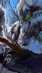 Rule 34 | 1girl, absurdres, bare tree, blue hair, commentary, full body, green hat, hair bobbles, hair ornament, hat, highres, kawashiro nitori, nanaironokabi, otter, outdoors, short hair, sitting, snow, symbol-only commentary, touhou, tree, two side up, wide shot