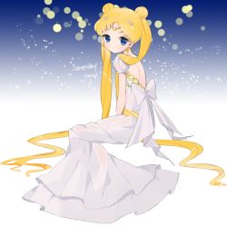 Rule 34 | 1girl, backless dress, backless outfit, bad id, bad pixiv id, bishoujo senshi sailor moon, blonde hair, blue eyes, bow, character name, crescent, crescent facial mark, double bun, dress, expressionless, facial mark, forehead mark, full body, hair ornament, hairpin, long hair, princess serenity, sitting, solo, strapless, strapless dress, tsukino usagi, twintails, uttao, white dress