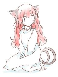 Rule 34 | 1girl, alternate costume, alternate hairstyle, animal ears, blush, cat ears, dress, extra ears, hair down, kaenbyou rin, long hair, looking at viewer, lowres, multiple tails, nekomata, rangycrow, red hair, simple background, sitting, sketch, solo, subterranean animism, tail, touhou, white background, white dress