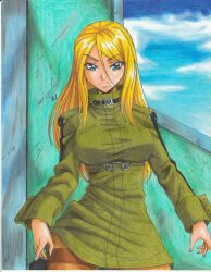 Rule 34 | 1girl, 2021, alternate hairstyle, artist name, blonde hair, blue eyes, breasts, brown pantyhose, closed mouth, cloud, cloudy sky, coat, day, female focus, green coat, hair between eyes, highres, large breasts, long hair, long sleeves, metroid, mole, mole under mouth, nintendo, outdoors, pantyhose, ravernclouk design, samus aran, sky, solo, standing, traditional media, turtleneck