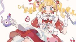 Rule 34 | 1girl, :3, apple, apple slice, apron, back bow, blonde hair, blue eyes, bow, bowtie, cherry, close-up, closed mouth, collar, collared dress, cross-laced apron, dress, drill hair, earrings, eyeshadow, food, food-themed hair ornament, food print, frilled collar, frilled sleeves, frills, fruit, gloves, hair ornament, hair ribbon, hairband, heart, heart earrings, holding, holding ladle, holding teapot, jewelry, lace, lace-trimmed dress, lace hairband, lace trim, ladle, lolita hairband, looking at viewer, makeup, original, pink eyeshadow, pink ribbon, puffy short sleeves, puffy sleeves, putong xiao gou, red dress, ribbon, ribbon-trimmed hairband, short dress, short sleeves, smile, solo, strawberry hair ornament, strawberry print, teapot, twin drills, twintails, white apron, white background, white bow, white bowtie, white collar, white gloves, white hairband