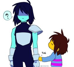 Rule 34 | 2others, = =, armor, blue hair, blue skin, brown hair, colored skin, deltarune, frisk (undertale), gloves, height difference, kris (deltarune), messy hair, multiple others, nenekantoku, other focus, pauldrons, shaded face, shirt, short hair, shoulder armor, simple background, striped clothes, striped shirt, tug, turtleneck, twitter username, undertale, white background, white gloves, yellow skin