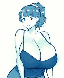 Rule 34 | 1girl, blue camisole, blue theme, breasts, camisole, cleavage, erkaz, hair ornament, hair scrunchie, highres, huge breasts, looking at viewer, monochrome, original, ponytail, rina atherina, scrunchie, simple background, solo, upper body, white background
