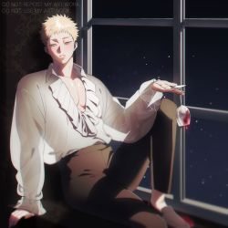 Rule 34 | alcohol, blonde hair, blush, cup, drinking glass, looking to the side, mongz, moonlight, muscular, muscular male, night, original, pants, pectoral cleavage, pectorals, red eyes, room, see-through, shoes, sitting, sky, star (sky), window, wine, wine glass