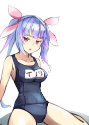 Rule 34 | 1girl, blue hair, blue one-piece swimsuit, breasts, collarbone, feet out of frame, hair ribbon, highres, i-19 (kancolle), kantai collection, large breasts, long hair, minosu, name tag, one-hour drawing challenge, one-piece swimsuit, red eyes, ribbon, school swimsuit, simple background, sitting, solo, star-shaped pupils, star (symbol), swimsuit, symbol-shaped pupils, tri tails, wariza, white background