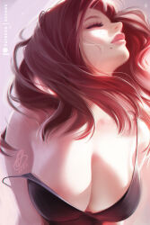 Rule 34 | 1girl, breasts, camisole, cleavage, closed eyes, large breasts, lips, long hair, mole, mole under mouth, no bra, olchas, original, red hair, strap slip