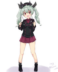 Rule 34 | &gt;:d, 10s, 1girl, :d, alternate costume, amano kouki, anchovy (girls und panzer), ankle boots, bare legs, black footwear, black hat, black jacket, black ribbon, black socks, blush, boots, collared shirt, cosplay, drill hair, garrison cap, girls und panzer, hair ribbon, hat, highres, jacket, long hair, long sleeves, md5 mismatch, military, military uniform, open mouth, pleated skirt, purple shirt, purple skirt, red eyes, ribbon, riding crop, shirt, silver hair, simple background, skirt, smile, socks, solo, twin drills, twintails, uniform, v-shaped eyebrows, white background, wing collar
