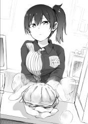 Rule 34 | 1girl, baozi, commentary, convenience store, employee uniform, food, foreshortening, giving, greyscale, id card, ijima yuu, kaga (kancolle), kantai collection, lawson, monochrome, shop, side ponytail, solo, store clerk, uniform