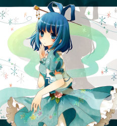 Rule 34 | 1girl, blue eyes, blue hair, hair ornament, hair stick, kaku seiga, looking at viewer, looking to the side, matching hair/eyes, parted lips, shadow, shawl, solo, touhou, vest, yon (letter)