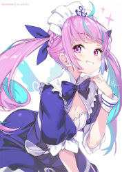 Rule 34 | 1girl, anchor, anchor symbol, blue bow, blue dress, blue hair, blue ribbon, blush, bow, braid, breasts, cleavage, commentary request, dress, hair ribbon, hand up, hololive, hong (white spider), long hair, looking at viewer, maid headdress, medium breasts, minato aqua, minato aqua (1st costume), multicolored hair, pink hair, puffy short sleeves, puffy sleeves, purple eyes, ribbon, short sleeves, simple background, smile, solo, twintails, two-tone hair, very long hair, virtual youtuber, white background, wrist cuffs