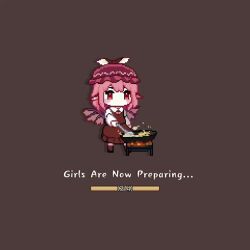 &gt;_&lt; 1girl animal_ears animated bird_ears bird_girl bird_wings blush brown_background collared_shirt cooking dancing english_text fire food game hat ladle loading_screen long_sleeves mob_cap mystia_lorelei pink_eyes pink_hair pixel_art red_eyes running screencap self-upload shirt shoes short_hair simple_background skirt standing stove tagme touhou touhou_mystia&#039;s_izakaya video wing_ornament wings wok youzikk