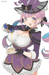Rule 34 | 1girl, :d, black bow, black ribbon, blue hair, blush, bow, breasts, can, cleavage, collar, colored inner hair, commentary, cup, frilled collar, frilled skirt, frills, hair ribbon, hat, hat bow, highres, holding, holding can, holding saucer, hololive, jacket, large breasts, long hair, long sleeves, looking at viewer, minato aqua, multicolored hair, open mouth, pink hair, pouring, purple hat, purple jacket, purple skirt, red bull, ribbon, saucer, simple background, skirt, smile, solo, symbol-only commentary, teacup, twitter username, vinhnyu, virtual youtuber, white background, witch hat