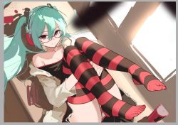 Rule 34 | 1girl, aqua hair, bare shoulders, black shirt, black skirt, blurry, closed mouth, collarbone, depth of field, from above, glasses, hair between eyes, hair ornament, hatsune miku, headphones, hugging own legs, indoors, jacket, jiu ye sang, legs up, long hair, long sleeves, looking at viewer, lying, miniskirt, natural (module), no shoes, off shoulder, on back, own hands together, panties, project diva (series), red-framed eyewear, red eyes, red panties, shirt, sketch, skirt, smile, solo, striped clothes, striped panties, striped thighhighs, thighhighs, thighs, toes, twintails, underwear, very long hair, vocaloid, white jacket