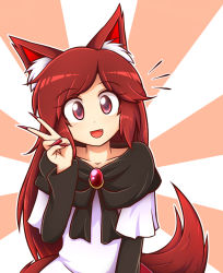 Rule 34 | 1girl, :d, animal ear fluff, animal ears, brooch, commentary, dress, fang, fingernails, imaizumi kagerou, jewelry, long hair, long sleeves, looking at viewer, nail polish, open mouth, red eyes, red hair, red nails, sharp fingernails, smile, solo, ^^^, tail, touhou, trembling, upper body, v, very long hair, white dress, wolf ears, wolf tail, wool (miwol)