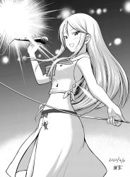 Rule 34 | 1girl, artist name, bad id, bad twitter id, bow, bowtie, commentary, dated, emblem, flint (girls und panzer), from side, girls und panzer, girls und panzer senshadou daisakusen!, greyscale, hairanworkshop, halftone, highres, holding, holding microphone, idol, long hair, looking at viewer, medium skirt, microphone, midriff, monochrome, no headwear, one-hour drawing challenge, open mouth, sailor collar, shark, shirt, side slit, signature, skirt, sleeveless, sleeveless shirt, smile, solo, standing, swept bangs