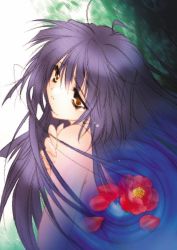 Rule 34 | 00s, 1girl, blue hair, carnelian, flower, hair between eyes, kao no nai tsuki, kuraki suzuna, long hair, nude, rose, solo, yellow eyes