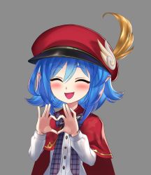 Rule 34 | 1girl, ^v^, blue hair, blush, bow, cabbie hat, cape, closed eyes, facing viewer, grey bow, grey skirt, hair between eyes, hat, heart, heart hands, humanization, indie virtual youtuber, kriss sison, leaflit mitsuha, long sleeves, open mouth, pointy ears, puffy sleeves, red cape, red hat, shirt, short hair, skirt, smile, solo, virtual youtuber, white shirt