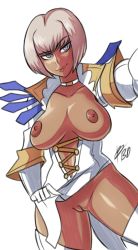 Rule 34 | 1girl, bigdead, blue eyes, bob cut, boots, breastless clothes, breasts, breasts apart, breasts out, cleft of venus, cowboy shot, dark-skinned female, dark nipples, dark skin, devil may cry, devil may cry (series), devil may cry 4, exhibitionism, facing viewer, female focus, gloria (devil may cry), gloves, highres, lips, looking at viewer, medium breasts, nipples, no bra, no panties, pelvic curtain, presenting, pubic stubble, public indecency, pussy, raised eyebrow, reaching, reaching towards viewer, selfie, short hair, silver hair, simple background, solo, standing, thigh boots, thighhighs, uncensored, white background, white gloves