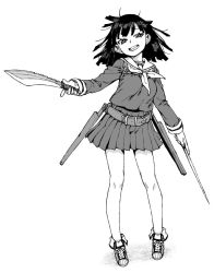 Rule 34 | 1girl, akitsuki itsuki, ankle boots, belt, boots, dagger, dual wielding, fold-over boots, full body, greyscale, grin, head tilt, holding, holding dagger, holding knife, holding weapon, knife, looking at viewer, medium hair, miniskirt, monochrome, neckerchief, original, pleated skirt, scabbard, school uniform, serafuku, sheath, shirt, simple background, skirt, smile, solo, unsheathed, weapon, white background