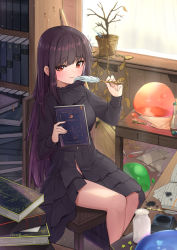 Rule 34 | 1girl, absurdres, black dress, blush, book, bookshelf, breasts, broom, commentary request, dress, highres, holding, holding book, holding pen, huge filesize, indoors, korean commentary, kouki (chancegak), legs together, long hair, looking at viewer, medium breasts, on chair, original, pen, plant, potted plant, purple hair, red eyes, sitting, slime (substance), smile, solo, table, very long hair