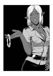 Rule 34 | 1girl, belt, breasts, cleavage, collar, collarbone, contrapposto, dark elf, dark skin, dark-skinned female, elf, greyscale, hand on own hip, jing mian tu, large breasts, looking at viewer, monochrome, parted lips, pointy ears, short hair, simple background, solo, standing, uniform, yamai chuu