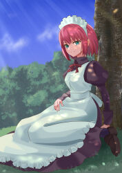 Rule 34 | 1girl, apron, blue sky, brown dress, brown footwear, closed mouth, cloud, commentary, day, dress, fujiki928, green eyes, highres, hisui (tsukihime), juliet sleeves, long sleeves, looking at viewer, maid, maid apron, maid headdress, neck ribbon, outdoors, plant, puffy sleeves, red hair, red ribbon, ribbon, shoes, short hair, sitting, sky, smile, solo, sunlight, tree, tsukihime, white apron