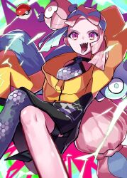 Rule 34 | 1girl, absurdres, blue hair, bow-shaped hair, character hair ornament, creatures (company), electricity, game freak, grey pantyhose, hair ornament, highres, iono (pokemon), jacket, keina (ke1na h), long hair, long sleeves, nintendo, open mouth, pantyhose, pink eyes, pink hair, poke ball, pokemon, pokemon sv, sharp teeth, single leg pantyhose, sleeves past fingers, sleeves past wrists, solo, teeth, thigh strap, tongue, tongue out, twintails, upper teeth only, very long hair, yellow jacket