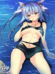 Rule 34 | 10s, 1girl, blue hair, breasts, gin&#039;ichi (akacia), hair ribbon, highres, i-19 (kancolle), kantai collection, long hair, lying, name tag, ocean, partially submerged, personification, red eyes, ribbon, rock, school swimsuit, solo, swimsuit, tears, torn clothes, torn swimsuit, twintails, water