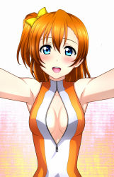 Rule 34 | 10s, 1girl, :d, bare shoulders, blush, bow, breasts, front zipper swimsuit, gradient background, highres, kenken, kosaka honoka, looking at viewer, love live!, love live! school idol project, meme attire, one-piece swimsuit, open mouth, orange hair, short hair, side ponytail, small breasts, smile, solo, swimsuit, yellow bow, zipper