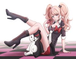 Rule 34 | 1girl, bear hair ornament, black shirt, blonde hair, blouse, blue eyes, boots, bow, breasts, cleavage, commentary request, danganronpa: trigger happy havoc, danganronpa (series), enoshima junko, hair ornament, high heel boots, high heels, highres, hyosi, long hair, looking at viewer, monokuma, nail polish, necktie, open mouth, shirt, skirt, sleeves rolled up, smile, twintails