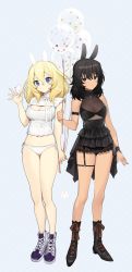Rule 34 | 2girls, alternate costume, andou (girls und panzer), animal ears, armband, balloon, black dress, black eyes, black hair, blonde hair, blue background, blue eyes, breasts, cleavage, cleavage cutout, closed mouth, clothing cutout, commentary, dark-skinned female, dark skin, dress, easter, egg, fake animal ears, frilled dress, frills, garter straps, girls und panzer, gluteal fold, halterneck, highres, holding, holding balloon, holding egg, lingerie, looking at viewer, medium breasts, medium hair, messy hair, multiple girls, navel, oshida (girls und panzer), panties, rabbit ears, shirt, short dress, side-by-side, side-tie panties, sleeveless, sleeveless dress, sleeveless shirt, smile, standing, tan (inka), thigh gap, underwear, white panties, white shirt, wristband