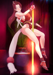 Rule 34 | 1girl, breasts, brown hair, fatal fury, highres, large breasts, no bra, no panties, pole dancing, ponytail, shiranui mai, smile, solo