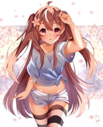 Rule 34 | 1girl, :o, absurdres, ahoge, animal ears, arm up, blue shirt, brown hair, cowboy shot, crop top, fiji (vtuber), floppy ears, flower, hair flower, hair ornament, highres, indie virtual youtuber, long hair, looking at viewer, midriff, multicolored hair, parted lips, petals, red eyes, shirt, short shorts, short sleeves, shorts, side-tie shirt, solo, standing, stomach, streaked hair, striped clothes, striped thighhighs, thighhighs, thighs, two side up, very long hair, virtual youtuber, white shorts, yuniiho