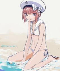 1girl barefoot bikini blunt_bangs bow brown_eyes brown_hair flat_chest hat hat_bow kantai_collection karamomo looking_at_viewer one-hour_drawing_challenge parted_lips sailor_bikini sailor_collar sailor_hat short_hair simple_background sitting solo swimsuit twitter_username water white_bikini white_hat white_sailor_collar z3_max_schultz_(kancolle) z3_max_schultz_(swimsuit_mode)_(kancolle)