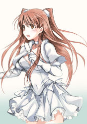 Rule 34 | 10s, 1girl, bow, breasts, brown eyes, brown hair, choker, cleavage, dress, elbow gloves, gloves, highres, long hair, microphone, mintes, ogiso setsuna, open mouth, solo, two side up, white album, white album (series), white album 2, white dress, white gloves