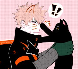 Rule 34 | !, !!, 1boy, animal, animal ears, bakugou katsuki, black cat, black jacket, blonde hair, boku no hero academia, cat, cat boy, cat ears, claireiosity, closed mouth, closed eyes, furrowed brow, gauntlets, gloves, holding, holding animal, holding cat, jacket, long sleeves, male focus, pale skin, pink background, polka dot, polka dot background, short hair, sleeves past elbows, solo, solo focus, speech bubble, spiked hair, whiskers