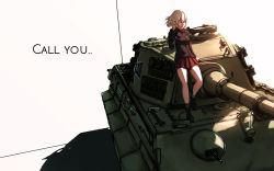 Rule 34 | 10s, 1girl, ankle boots, arm support, bad id, bad pixiv id, black footwear, black jacket, black legwear, boots, cellphone, closed eyes, dress shirt, emblem, english text, garrison cap, girls und panzer, hat, highres, holding, holding phone, itsumi erika, jacket, leaning back, long hair, long sleeves, military, military uniform, military vehicle, miniskirt, motor vehicle, on vehicle, phone, pleated skirt, red shirt, red skirt, shadow, shirt, silver hair, skirt, solo, standing, tank, therj, tiger ii, uniform, white background, wind