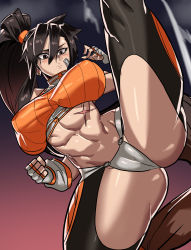Rule 34 | 1girl, abs, ass, bandaid, bandaid on face, breasts, brown eyes, brown hair, chaps, clothing cutout, crotch cutout, dnf duel, dungeon and fighter, fighter (dungeon and fighter), fingerless gloves, gamjasssak, gloves, highres, large breasts, leg up, long hair, midriff, navel, ponytail, revealing clothes, scar, scar on abs, scar on stomach, solo, very long hair