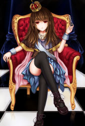 Rule 34 | 1girl, black thighhighs, blunt bangs, brown hair, capelet, checkered floor, chess piece, crossed legs, crown, dress, highres, jewelry, long hair, looking at viewer, mafuyu (867208837), original, red eyes, reflection, ring, serious, sitting, skirt, solo, thighhighs, throne, wrist cuffs