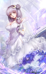Rule 34 | 1girl, bare shoulders, book, breasts, cleavage, crescent, crescent hair ornament, dress, elbow gloves, female focus, flower, frilled dress, frills, gloves, hair ornament, highres, holding, hoshibuchi, large breasts, long dress, long hair, patchouli knowledge, purple eyes, purple hair, revision, solo, touhou, wedding dress