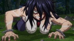 Rule 34 | 1girl, all fours, black hair, blood, blood on face, blue thighhighs, bodysuit, boku no hero academia, breasts, cleavage, domino mask, hanging breasts, highres, large breasts, mask, midnight (boku no hero academia), one eye closed, screencap, thighhighs, thighs, torn bodysuit, torn clothes, white bodysuit, wrist cuffs