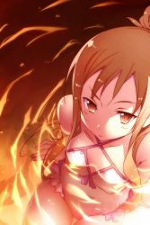 Rule 34 | 1girl, asuna (sao), bad id, bad pixiv id, breasts, brown eyes, brown hair, casual one-piece swimsuit, collarbone, covered navel, highres, long hair, one-piece swimsuit, partially submerged, simple background, small breasts, solo, swimsuit, sword art online, thighs, white one-piece swimsuit, yoru kiri
