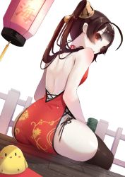 Rule 34 | 1girl, :o, ahoge, amahara pekozaemon, ass, azur lane, back, backless dress, backless outfit, bare arms, bird, black panties, black ribbon, black thighhighs, blunt bangs, blush, body blush, brown hair, chick, china dress, chinese clothes, commentary request, dress, fence, from behind, from below, hairband, hairpods, halter dress, halterneck, highres, lantern, long hair, looking at viewer, looking back, panties, parted lips, ping hai (azur lane), profile, red dress, red eyes, ribbon, shoulder blades, side-tie panties, simple background, sitting, sleeveless, sleeveless dress, solo, tareme, thighhighs, thighs, twintails, underwear, white background, white hairband
