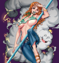 Rule 34 | 1girl, absurdres, areola slip, blush, breasts, cloud, denim, flarefox, highres, jeans, large breasts, lightning, long hair, looking at viewer, nami (one piece), one piece, pants, shiny skin, smile, thunder, zeus (one piece)