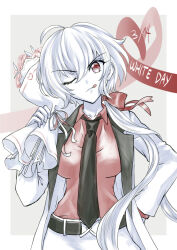 Rule 34 | ahoge, axia-chan, belt, black belt, black necktie, bouquet, closed mouth, flower, hair ribbon, holding, holding bouquet, jacket, long hair, long sleeves, necktie, one eye closed, pants, red eyes, red ribbon, red shirt, ribbon, senki zesshou symphogear, shirt, tongue, tongue out, very long hair, white day, white hair, white jacket, white pants, white theme, yukine chris