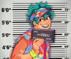 Rule 34 | 1boy, barbie (franchise), barbie (live action), barbie mugshot (meme), boku no hero academia, commentary, earrings, english commentary, fingernails, freckles, green eyes, green hair, habkart, height mark, highres, holding, holding sign, jewelry, looking at viewer, male focus, meme, midoriya izuku, mugshot, multicolored clothes, multicolored headwear, multicolored shirt, open mouth, scar, scar on arm, scar on hand, short hair, sign, smile, solo, teeth, upper body