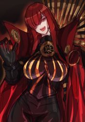 Rule 34 | 1girl, :d, black gloves, bodysuit, breasts, cape, fate/grand order, fate (series), gloves, hair over one eye, highres, k jin, large breasts, long hair, looking at viewer, oda nobunaga (fate), oda nobunaga (maou avenger) (fate), open mouth, red eyes, red hair, sketch, smile, solo, teeth, very long hair