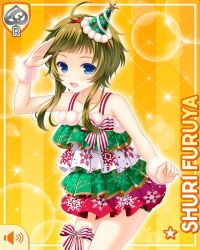 Rule 34 | 1girl, :d, bare arms, blue eyes, bow, card, character name, christmas, dress, frilled dress, frills, furuya shuri, girlfriend (kari), green dress, green hair, green shorts, hair ornament, hat, long bangs, multicolored clothes, multicolored dress, official art, open mouth, party hat, qp:flapper, red bow, red dress, short hair, shorts, shorts under dress, smile, standing, striped, striped bow, tagme, white dress, yellow background