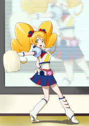 Rule 34 | 1girl, alternate form, bakusai, blonde hair, blue skirt, boots, cheering, cheerleader, crossover, cure honey, cure honey (popcorn cheer), earrings, eyelashes, futari wa precure, hair ornament, hair ribbon, happinesscharge precure!, happy, high heels, jewelry, knee boots, kneehighs, long hair, looking at viewer, magical girl, multicolored clothes, multicolored skirt, oomori yuuko, open mouth, parody, pom pom (cheerleading), precure, puffy sleeves, ribbon, shirt, skirt, smile, socks, solo, trait connection, twintails, yellow eyes